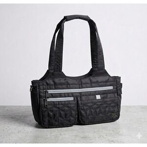 Lug Quilted Nylon Shoulder Bag Black Multi Pocket Organizer Travel Crossbody
